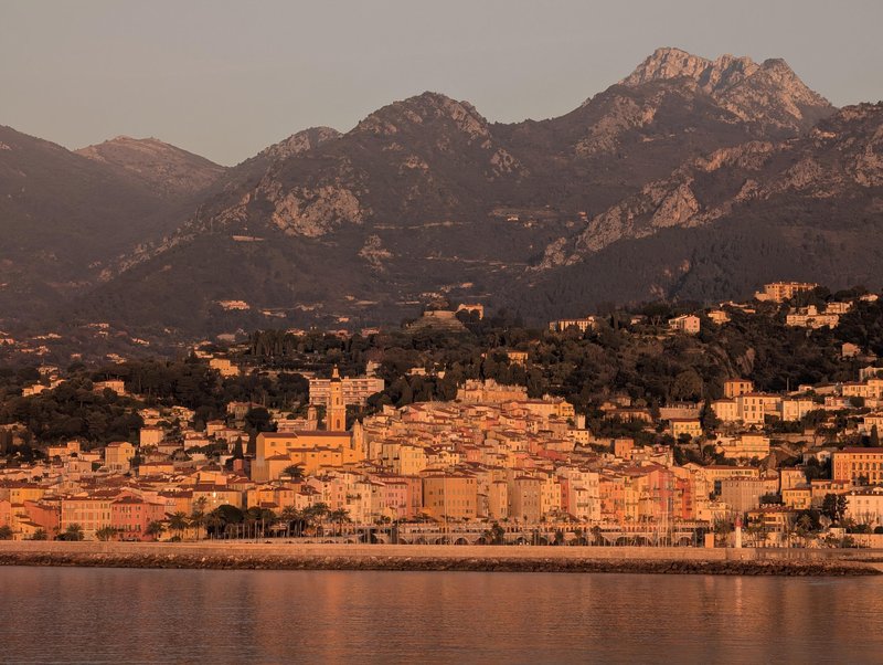 The town of Menton from the water, just after sunrise