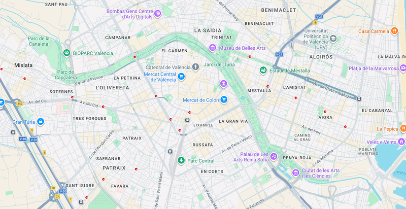 Google Map showing the green park through the city