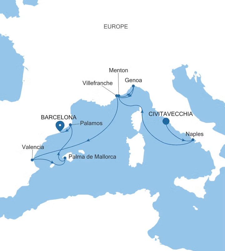 A map of our cruise itinerary showing various ports of call. Rome, Naples, Menton, Genoa, Villefranche, Valencia, Mallorca, Palamos, Barcelona