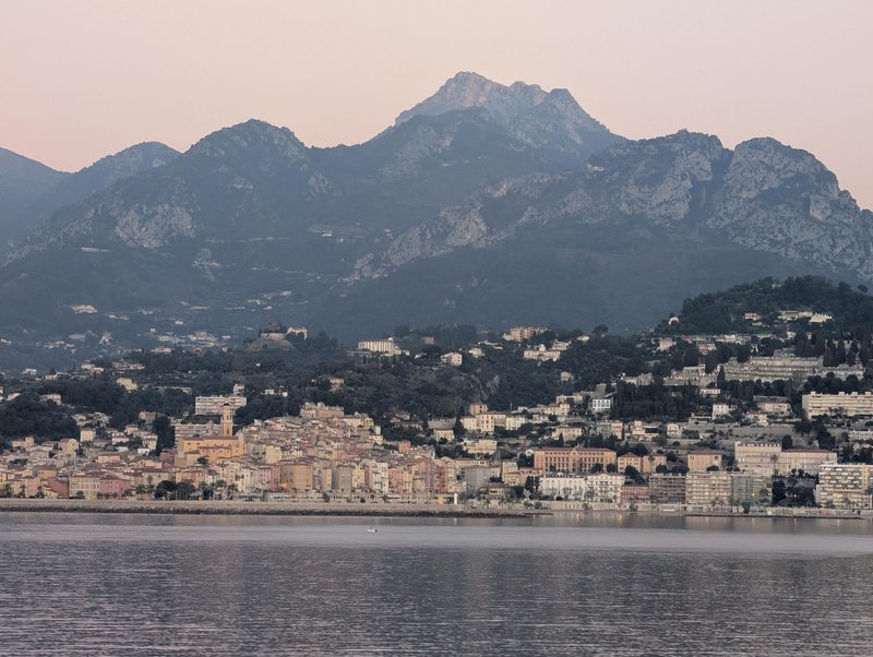 The town of Menton from the water, just before sunrise