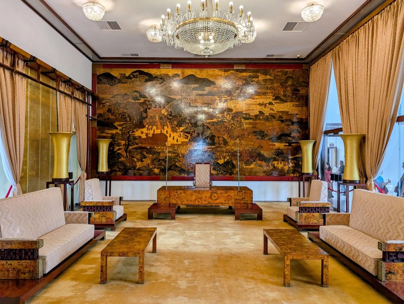 One of the state rooms with a lovely wood panel artwork